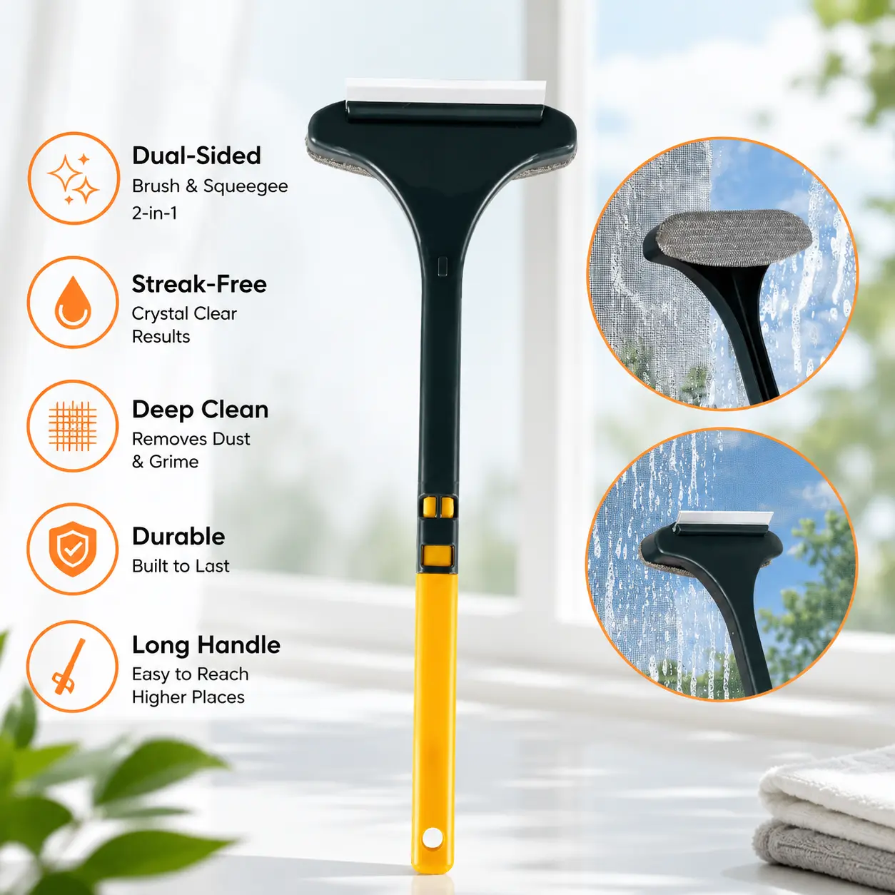 1 Count, 2-in-1 Window Screen Cleaning Tool, Detachable Extended Handle, Dual Purpose Brush and Squeegee for Household Window Mesh and Glass Cleaning