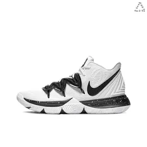 Mid-top Basketball Sneakers | White Breathable Mesh Upper with Black Wavy Lace Loops and Solid Black Swoosh Logo | Two-tone White and Black Speckled Multi-grip Traction Outsole for Basketball Training & Matches