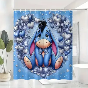 DISNEY CLASSIC Eeyore Shower Curtain - Cartoon Design with 12 Hooks, Vibrant Blue Hearts & Stars Pattern, Durable Bathroom Decor, All-Season Use, Shower Curtain for Bathrooms