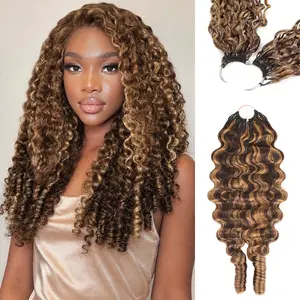 【Lowest price】Mamushow P4/27 Blonde Highlight Miracle Knots Feather Crochet Human Hair Bundles for Miracle Knots Human Hair Curly Wave Pre-Separated 50g/Pack Reusable Invisible 100% Virgin Human Hair Crochet Extensions Natural Black