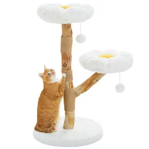 SEKKO CLAW Wood Flower Cat Tree, Modern Cat Tower with Real Wood Branches, Luxury Boho Furniture with Scratching Post and 2 Perches, Cat Climbing Tower for Indoor Cats, Cloud White