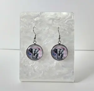 #351 Elephant with Pink & Blue Watercolor Galaxy Background with Stars Earrings - Stainless Steel Hooks - Casual Everyday Animal Jewelry