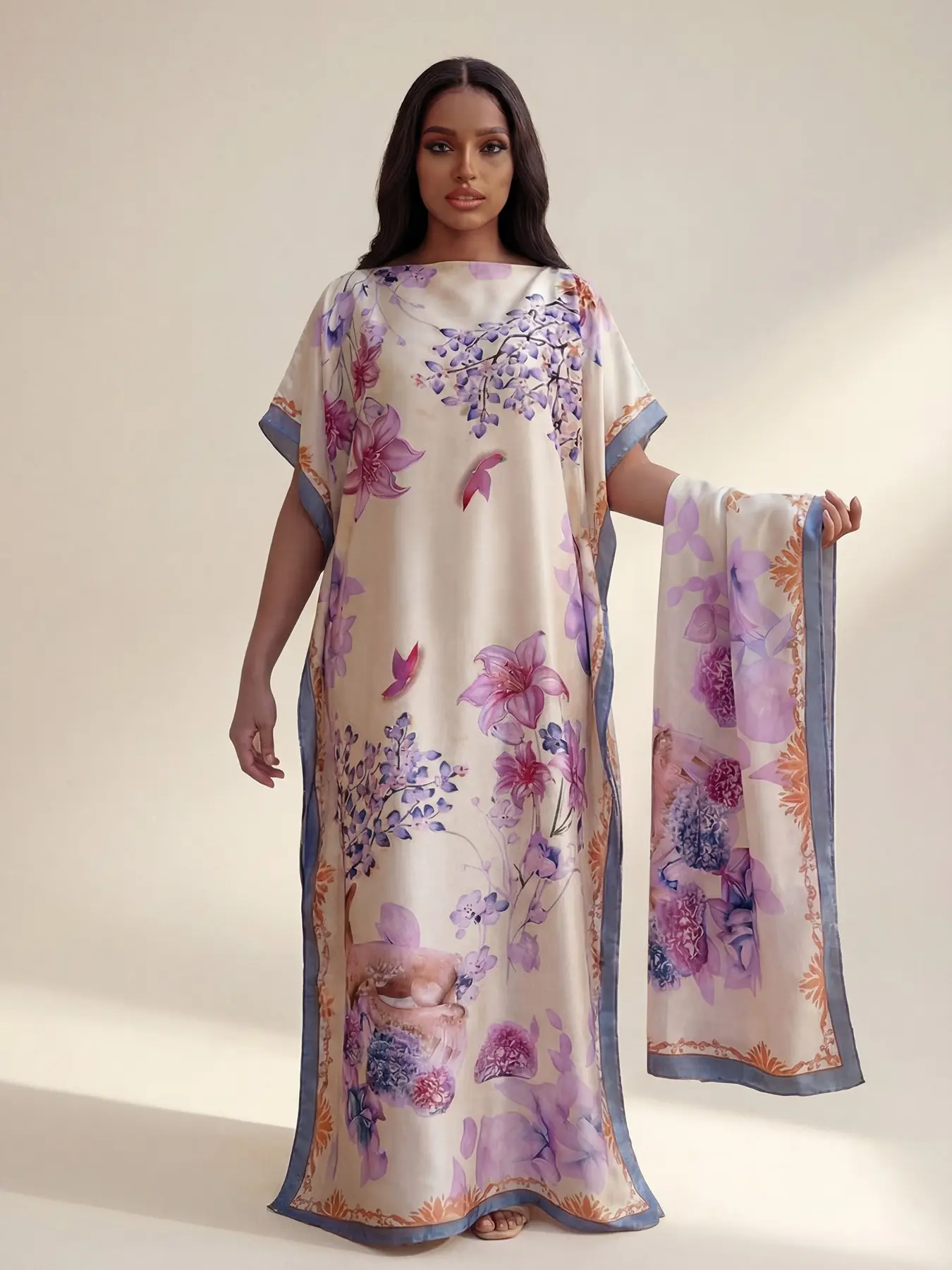 Women's Elegant Floral All-Over Printed Maxi Long Robe Set, Beachwear Summer Sun Protection Satin Scarf & Headband, Fashionable Bohemian Casual Trendy Shawl Dress for All Seasons Matching