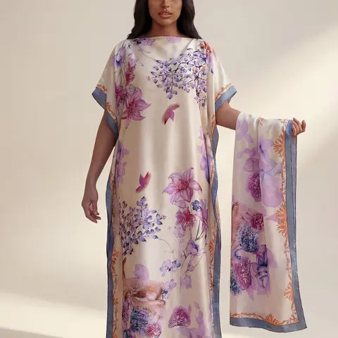 Women's Elegant Floral All-Over Printed Maxi Long Robe Set, Beachwear Beachy Style Summer Sun Protection Satin Scarf & Headband, Fashionable Shawl Dress for All Seasons Matching