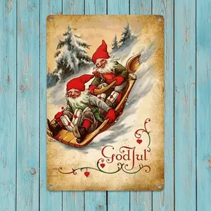 Vintage Scandinavian Gnome Metal Wall Sign Featuring God Jul Toasting Gnomes for Rustic Holiday Home and Commercial Decor