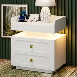 1/2 PCS Modern Floating Nightstand with LED Lights & Charging Station, 2 Drawers Bedside Table with Gold Handle & Rounded Corner, Multifunctional Side End Table, White Black Furniture for Bedroom Living Room