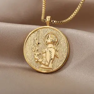 Women's Vintage Coin-Style Necklace, Gold-Tone Stainless Steel Round Pendant with Raised Relief Figure, Statement Costume Jewelry for Everyday Outfits