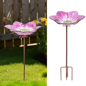 12-Inch Outdoor Bird Bath Glass Birdbath Garden Birdfeeder with Metal Stake Pink