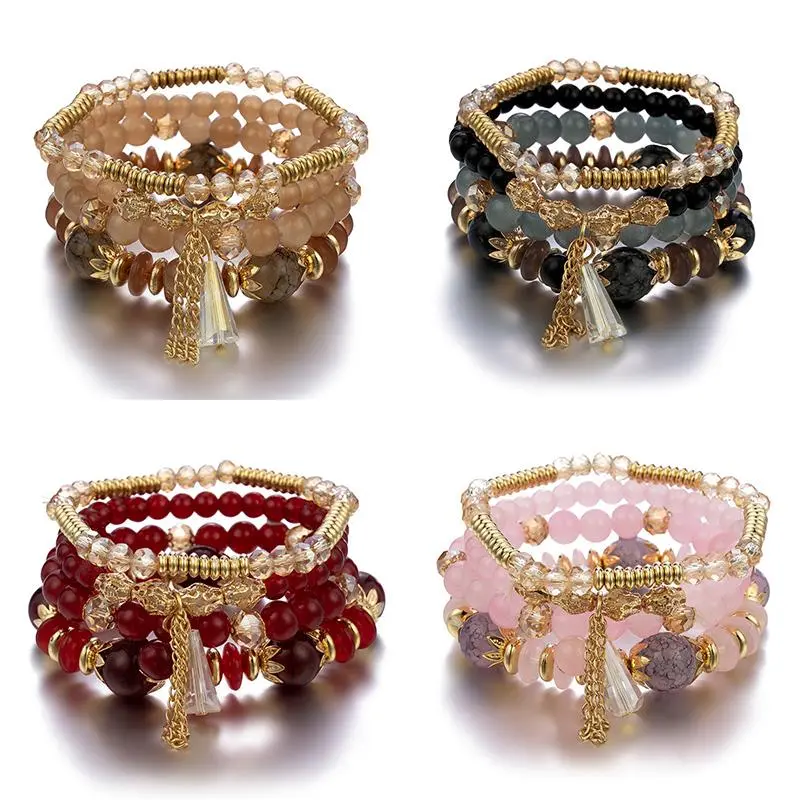 JEWEL4U - 4Pcs New Tassel Charm Beads Bracelet Set For Women Colorful Glass Beaded Chain Bangle Men Bohemian Jewelry