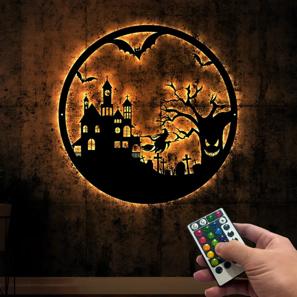 LED Halloween Metal Wall Art Decor, Spooky Haunted House and Witch Silhouette Backlit Sign with Remote Control, Color Changing Hanging Sign for Indoor Living Room, Bedroom, Party, Porch & Haunted House Holiday Decoration,Witch House Sign