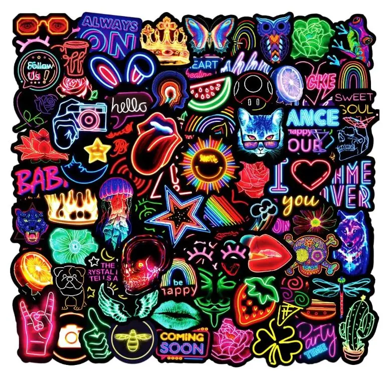 100Pcs Neon Stickers Decal, Waterproof Vinyl Stickers Pack for Bumper, Laptop, Skateboard, Water Bottle, Luggage, Phone, Graffiti Stickers for Adults