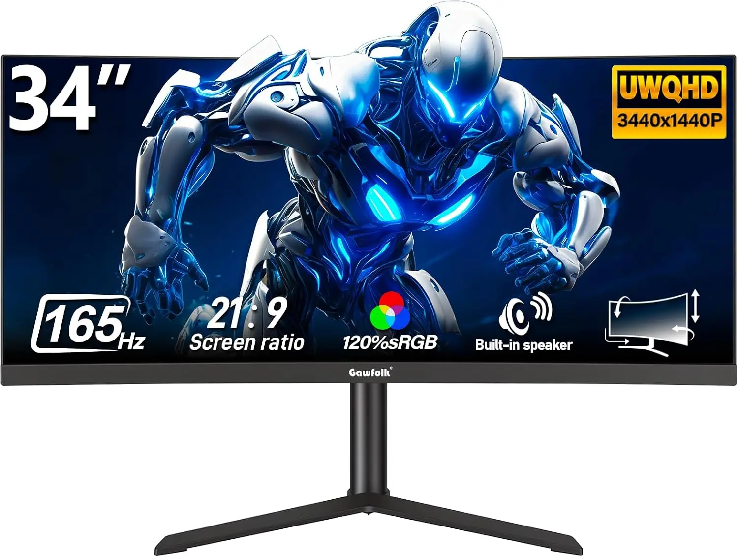 Gawfolk 34" 21:9 VA Ultrawide Monitor, WQHD 3440x1440 165Hz, 3800R Curve, Dual Sync G-Sync & FreeSync, PIP & PBP Split Screen for Gaming & Multitasking