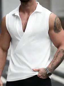 Men's White Slim Fit Sleeveless Polo Tank Top, V-Neck Wrap Front Casual Shirt, Suitable For Streetwear And Summer Outfits