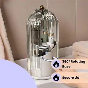 Transparent Brush Container for Bathroom Counter with 360° Rotating Base and Secure Lid, Ideal for Organizing Tools, Makeup and Art Supplies