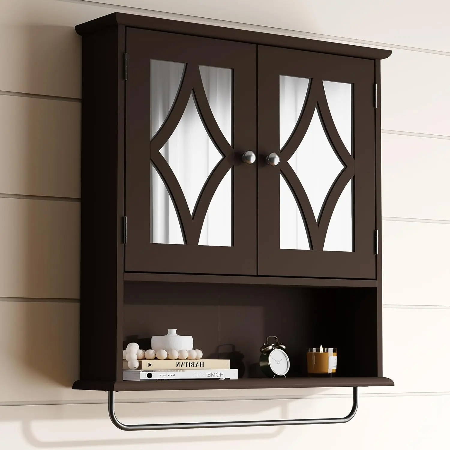 Bathroom  Cabinet Wall Mounted, Over The Toilet Storage Cabinet with Towel Rack and Adjustable Shelf, Large Bathroom Towel Cabinet Wall Mount 22 * 25 inch (Brown)