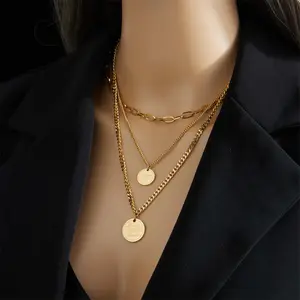Round pendant necklace three-layer stacking clavicle chain women's jewelry daily wear