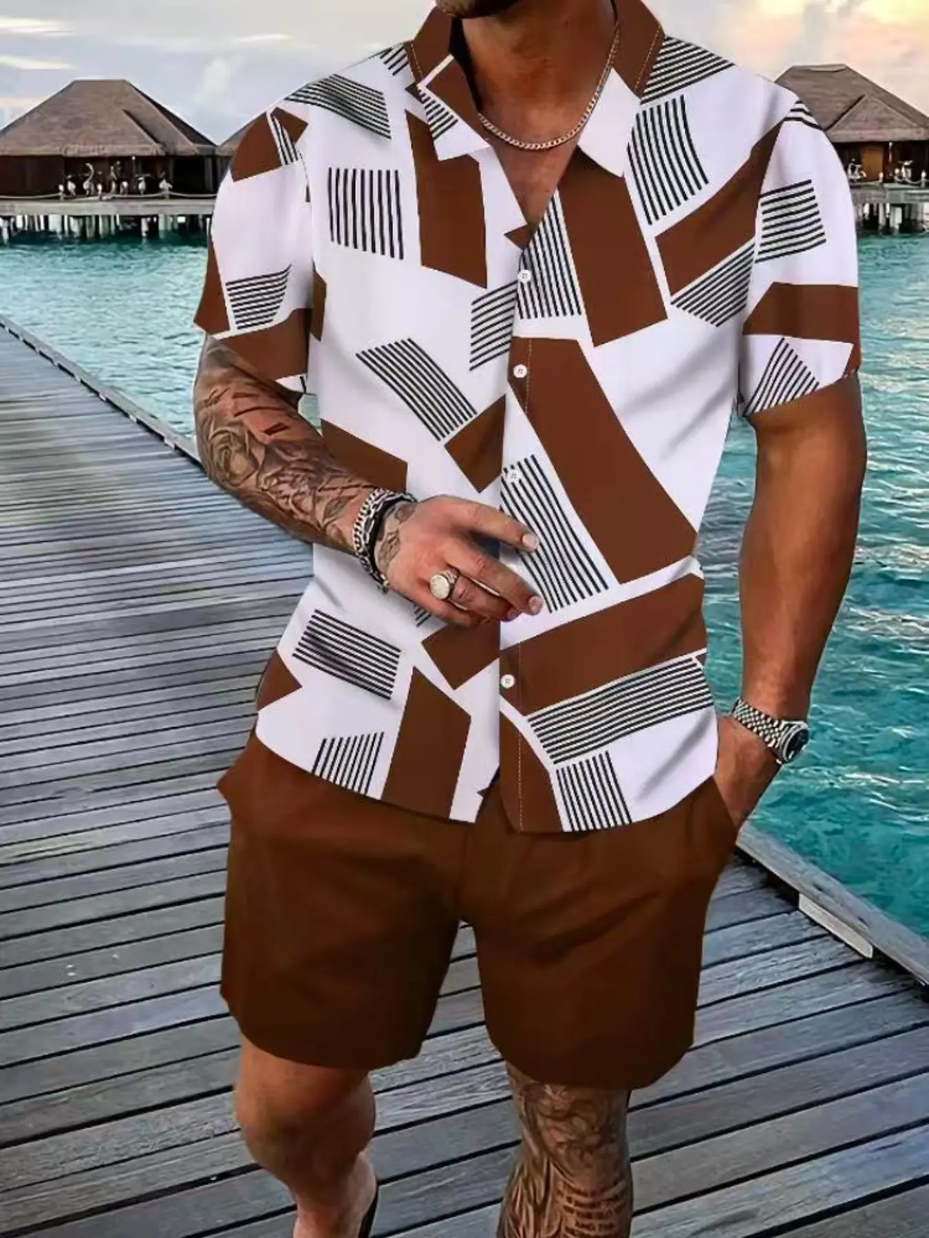 Two piece matching set of men's geometric printed shirt and shorts, regular fit casual short sleeved collar top and shorts, beach vacation tropical men's summer clothing, versatile for daily casual wear, Shorts Set Outfit, Match Style Set, Menswear