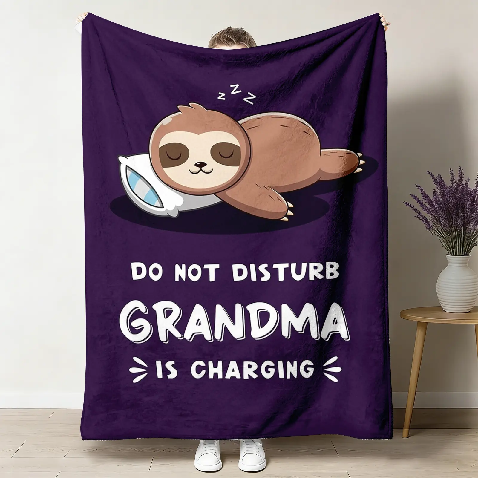 Funny Grandma Graphic Flannel Throw Blanket - "Do Not Disturb Grandma is Charging" Design, Soft Cozy Warm Lightweight Blanket, Gift for Grandmothers, Sloth Sleeping Nap Couch Bed Decor, Graphic Blanket Throws holiday