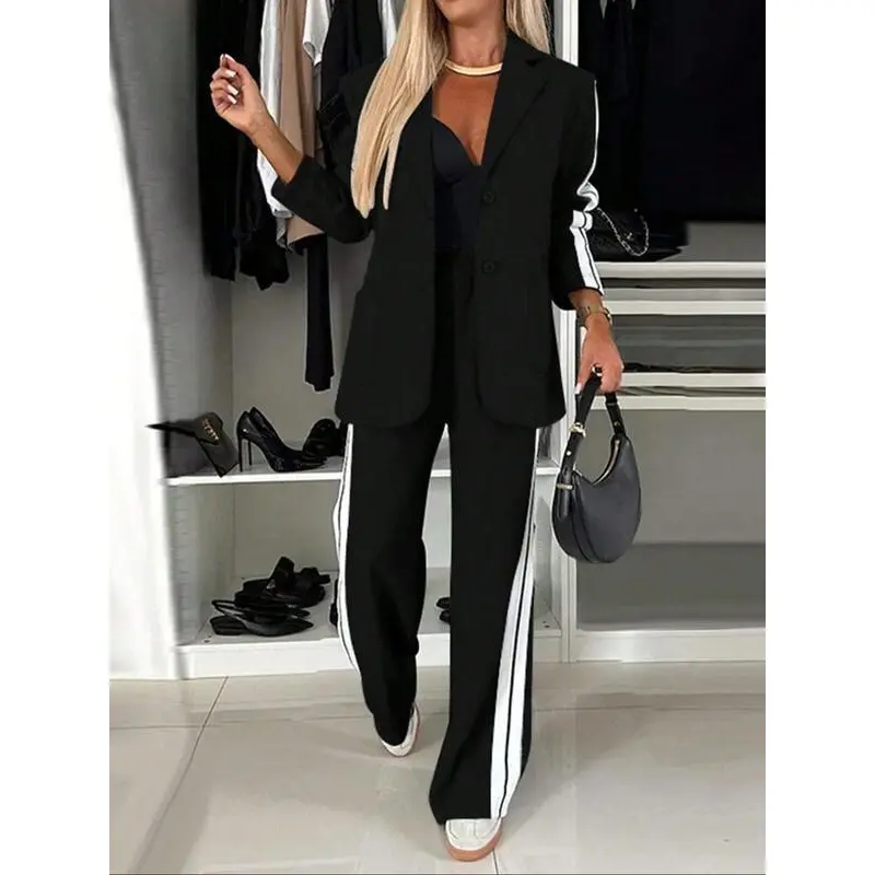 Women's New Style Loose-Fitting Long Sleeve Jacket & Pants Set, Striped Patchwork Casual Blazer Two-Piece Suit, Comfortable Elegant Lapel Design Autumn And Winter Set