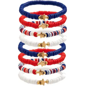 8Pcs Classic Stackable Colorful Polymer Clay Beaded Bracelets Set Independence Day USA Flag Color Red, White, Blue Star Beaded Bracelet Handmade Soft Polymer Clay Elastic Bracelet Set, Independence Day Jewelry Gift