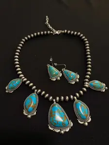 Western Turquoise Statement Necklace Set-053