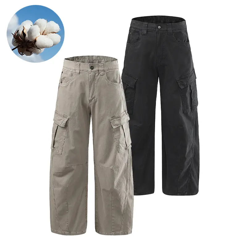 Men's  Wide Leg Cargo Pants - Stretch Cotton Blend Menswear, Baggy Loose Straight Fit, Plain Solid Color, Multi Utility Pockets, Vintage Washed, Stylish Breathable Durable Clothes, Comfortable Zippered Casual Outdoor Trousers for All-Season Work
