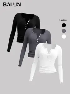 Women's Plain Basic Jersey Button Front Notched Neck Tee, Casual Long Sleeve Fit T-shirt for Fall & Winter, Women's Top for Daily Wear, Womenswear