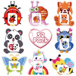 32Pack Valentines Day Cards for Kids Classroom, Animal Valentines Cards with Tattoos&Envelopes, Happy Valentines Exchange Cards for Boys Girls Party Favors Gifts