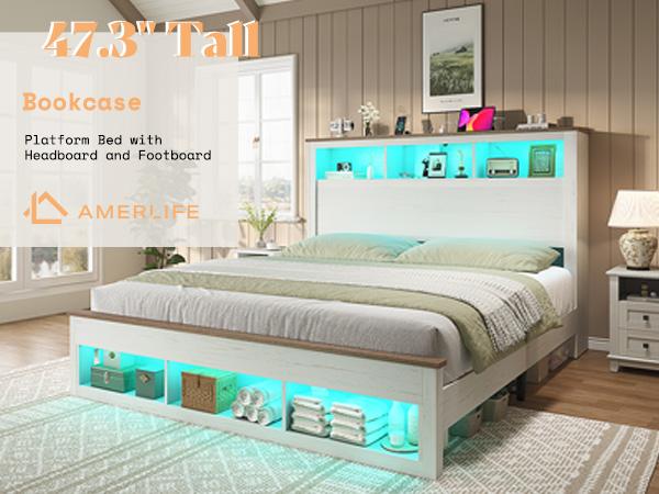 AMERLIFE Bed Frame with Bookcase Storage Headboard and Footboard, LED Platform Bed with Charging Station, No Box Spring Needed, Noise Free/Best Gift Ideas/Christmas Gifts