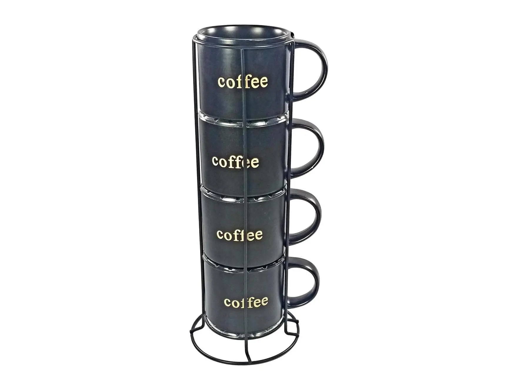 Marcelle W03M192 Ceramic Coffee Cup Set - 4-Piece 14 oz Stackable Mugs with Handles, 4mm Black Metal Stand, Matt Black
