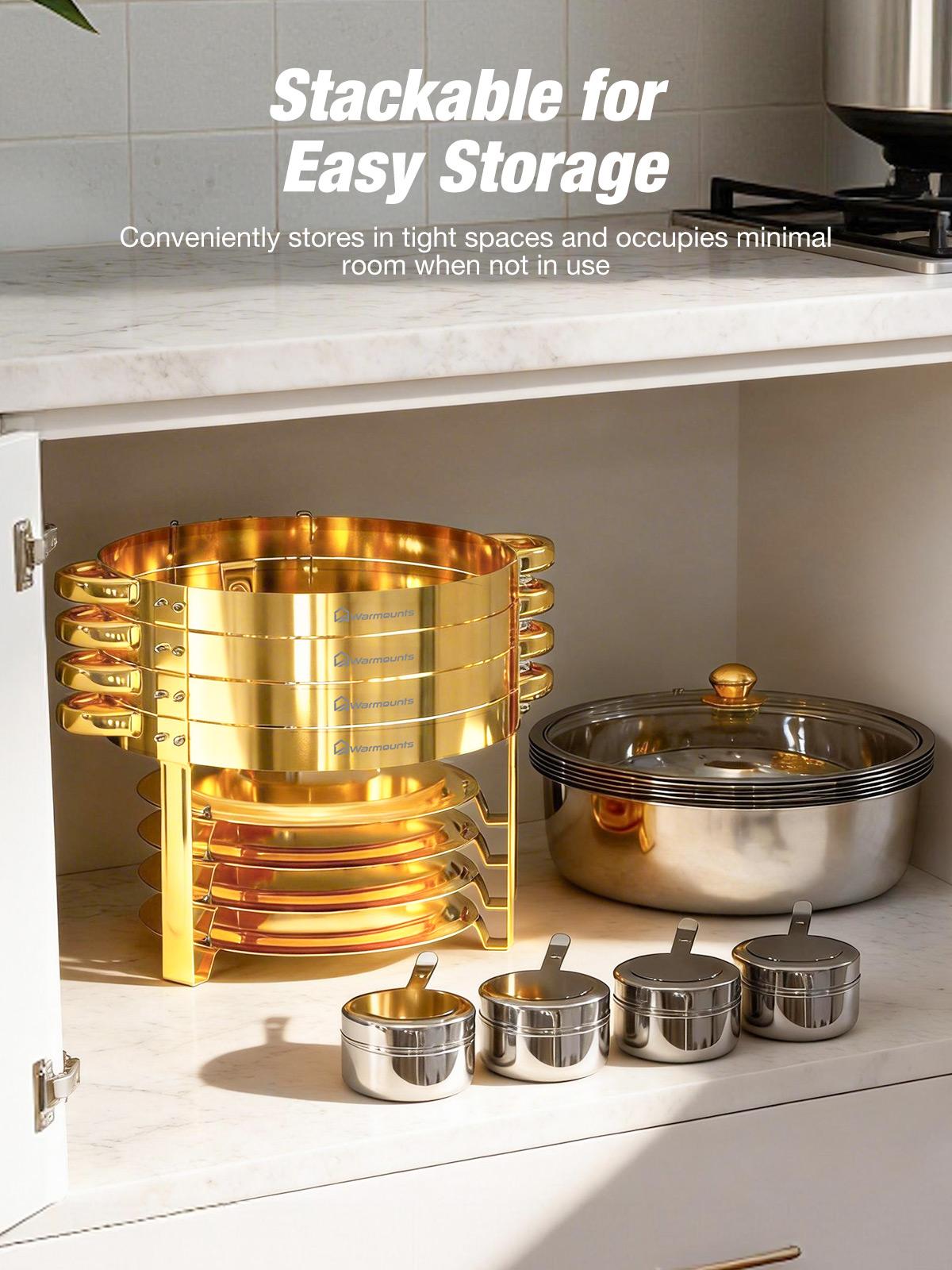 WARMOUNTS 6.5QT Gold Chafing Dishes for Buffet with Glass Lid , Round Chafers and Buffet Warmers Set with Mirror-Polished Stainless Steel, Rolled Rim, Stackable, Lid Holder for Parties, Weddings (2/4/6 Pack) WARMOUNTS 6.5QT Gold Chafing Dishes for Buffet with Glass Lid , Round Chafers and Buffet Warmers Set with Mirror-Polished Stainless Steel, Rolled Rim, Stackable, Lid Holder for Parties, Weddings (2/4/6 Pack)