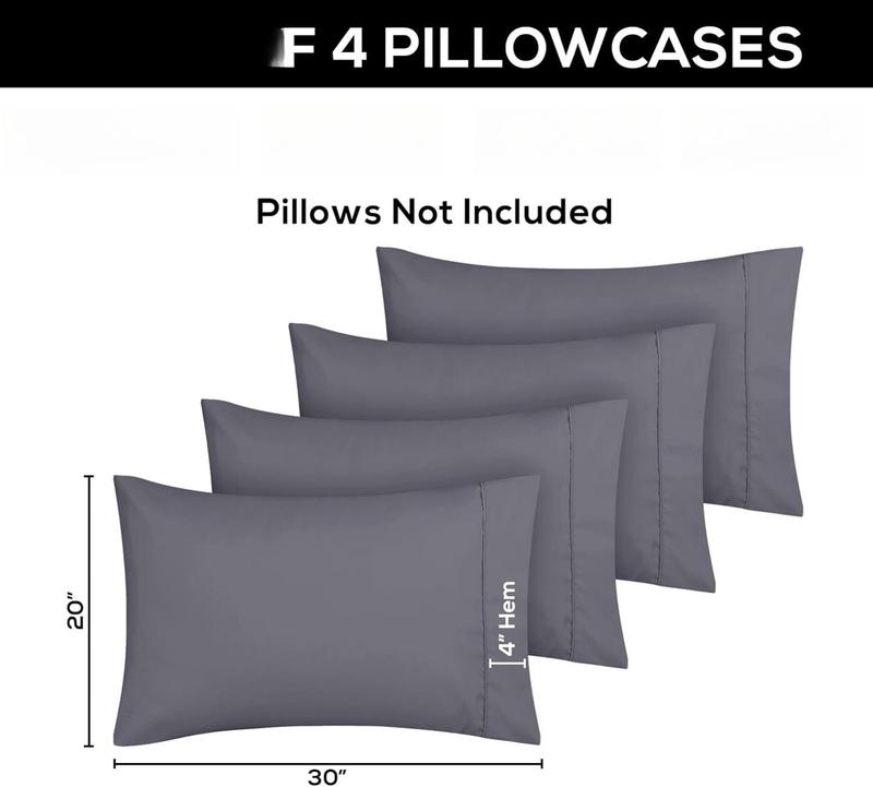 Queen Pillow Cases - 4 Pack - Envelope Closure - Soft Brushed Microfiber Fabric - Shrinkage and Fade Resistant Pillow Covers Queen Size 20 X 30 Inches (Queen, Grey)