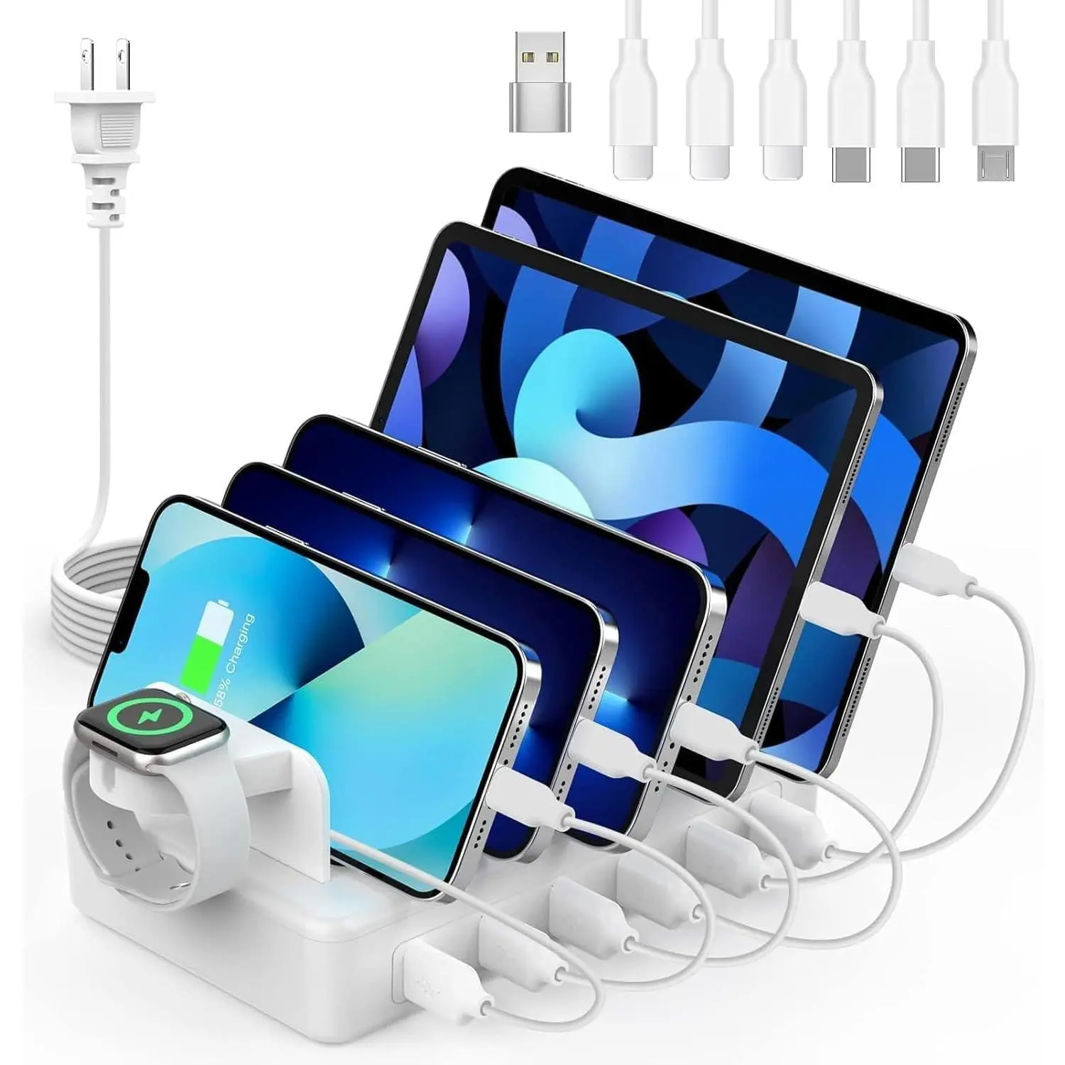 Station for Multiple Devices, 50W 6 Ports  Dock with 6 Cables Compatible with Cellphone,Tablet, Kindle,  Watch and Other