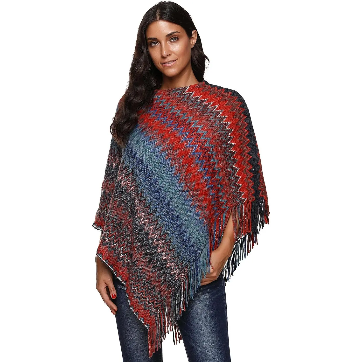 Women's Boho Pullover Poncho, Lightweight Zig-Zag Knit Shawl Wrap with Tassel Fringe for Autumn Winter, Decorated Women's Pullovers, Draping Women's Pullovers