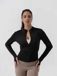 Women's Lightweight Full Zip Long Sleeve Running Jacket, Slim Fit Yoga Sportswear, Thumb Hole Design, Perfect for Fitness and Gym, Sporty Breathable Outerwear