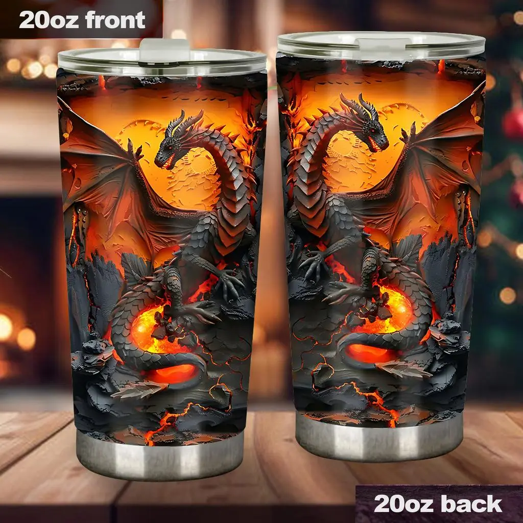 Stylish Printed Fire Dragon Stainless Steel Insulated Tumbler with Leak-Proof Lid, Double-Wall Vacuum Insulation for Hot & Cold Beverages, 500-1000 ml Bisphenol A (BPA)-Free Kitchenware Drinkware - drg7083 Thoughtful Gift