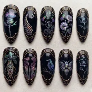 Gothic Botanical Press On Nails, Dark Witchy Nails with Snake Crow Moth, Handmade Black Nature Nails, Dark Academia Luxury Nails