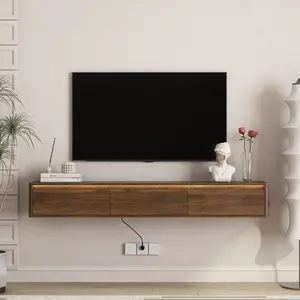 Floating TV Stand, Wall Mounted TV Shelf with L e d Lights & Power Outlet, High Gloss TV Cabinet for Wood Tv Stands for Living Room