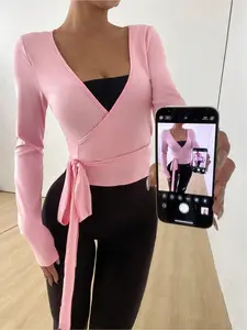 Autumn Winter Yoga Fitness Stretchy Soft V-Neck Long Sleeve Slim Fit T-Shirt, Fashionable Casual Elegant Must-Have Wardrobe Essential, Gym Workout Clothes, Gym Yoga Tops