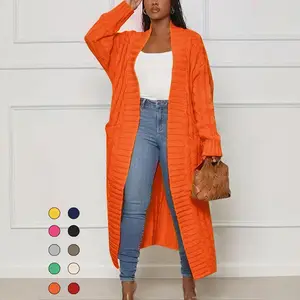 Women's Solid Color Textured Drop Shoulder Pocket Longline Cardigan, Casual Open Front Long Sleeve Knitwear for Fall & Winter, Women's Knit Clothing for Daily Wear, Lady Baggy Cardigans for Women, Womenswear, Casual Knit Top