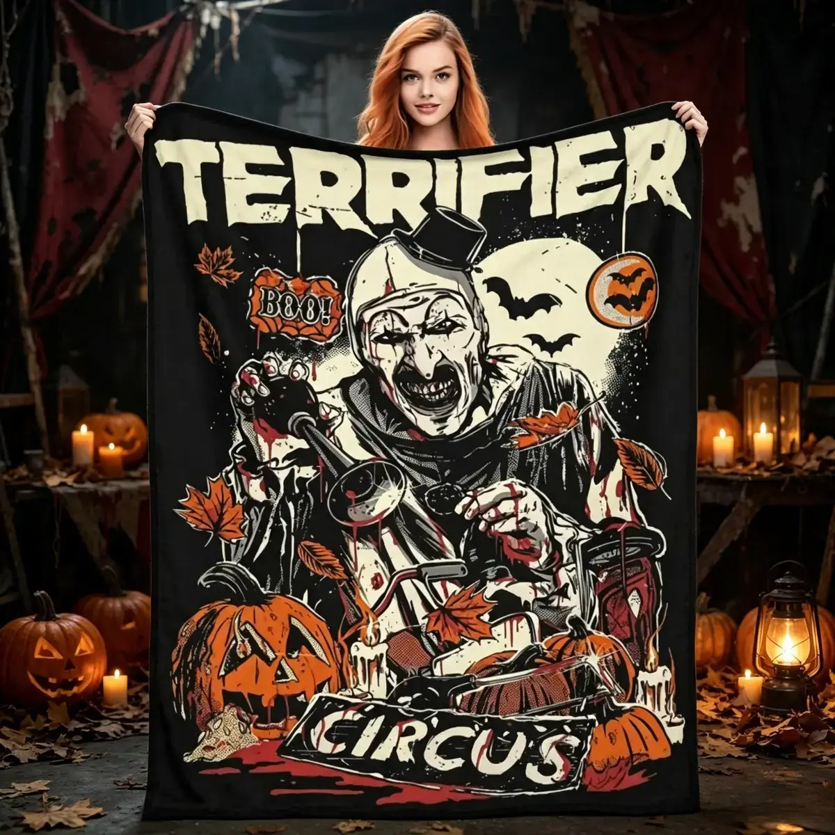 Horror Clown Inspired Flannel Blanket, Scary Dark Carnival Fleece Throw Blanket, Soft Cozy Warm Blanket for Kids Adults, AC Blanket for Sofa Bed Bedroom Home Decor, Halloween Gift Horror Theme Decor