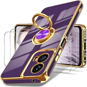 for Motorola G 5G 2024 Case,  G 5G 2024 Case,2X Screen Protector, 360? Rotatable Ring Holder Magnetic Kickstand,Plated Gold Edge Slim Soft TPU Protective Cover (Deep Purple)