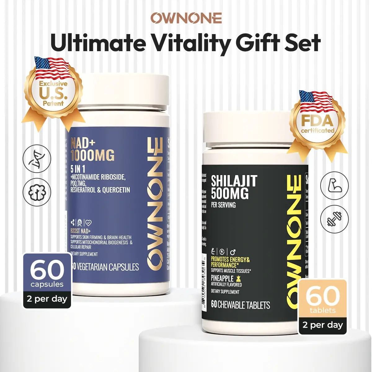 OWNONE Ultimate Vitality Gift Set：NAD+ 1000MG 5 IN 1 & ENERGY SUPPLEMENT | Natural and Pure Ingredients | Supports Cellular Repair and Energy level | Wellness Supplement Gift 2 Bottles with 120 Capsules nads supplement