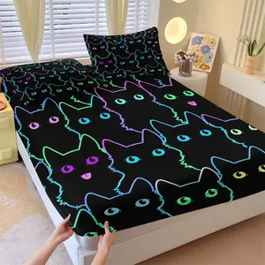 Neon Cat Fitted Sheet Set, 3 Pieces (1 Fitted Sheet + 2 Pillowcases), Deep Pocket, Cute Colorful Cat Print, Black Bedding for Girls Teens, Soft Skin-Friendly, Aesthetic Room Decor, All Seasons