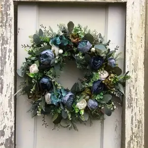 18-Inch Peony Wreath, Artificial Eucalyptus Wreath for Front Door, Farmhouse Country Style Home Decor, Blue and Mix