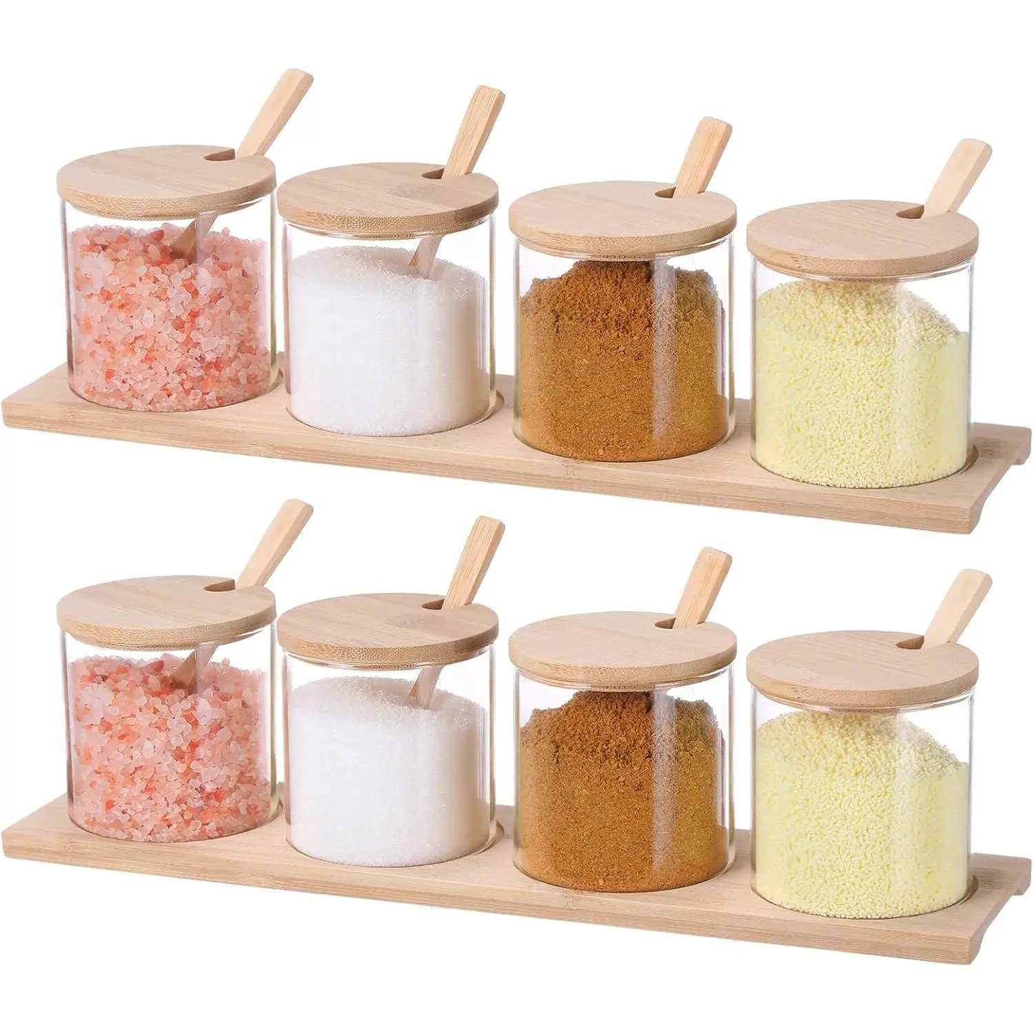 8 Pcs 10 oz Clear Glass Seasoning Jar with Wooden Lid and Spoon Adorable Condiment Jar Canisters Set Storage Container for Home Cafe Kitchen