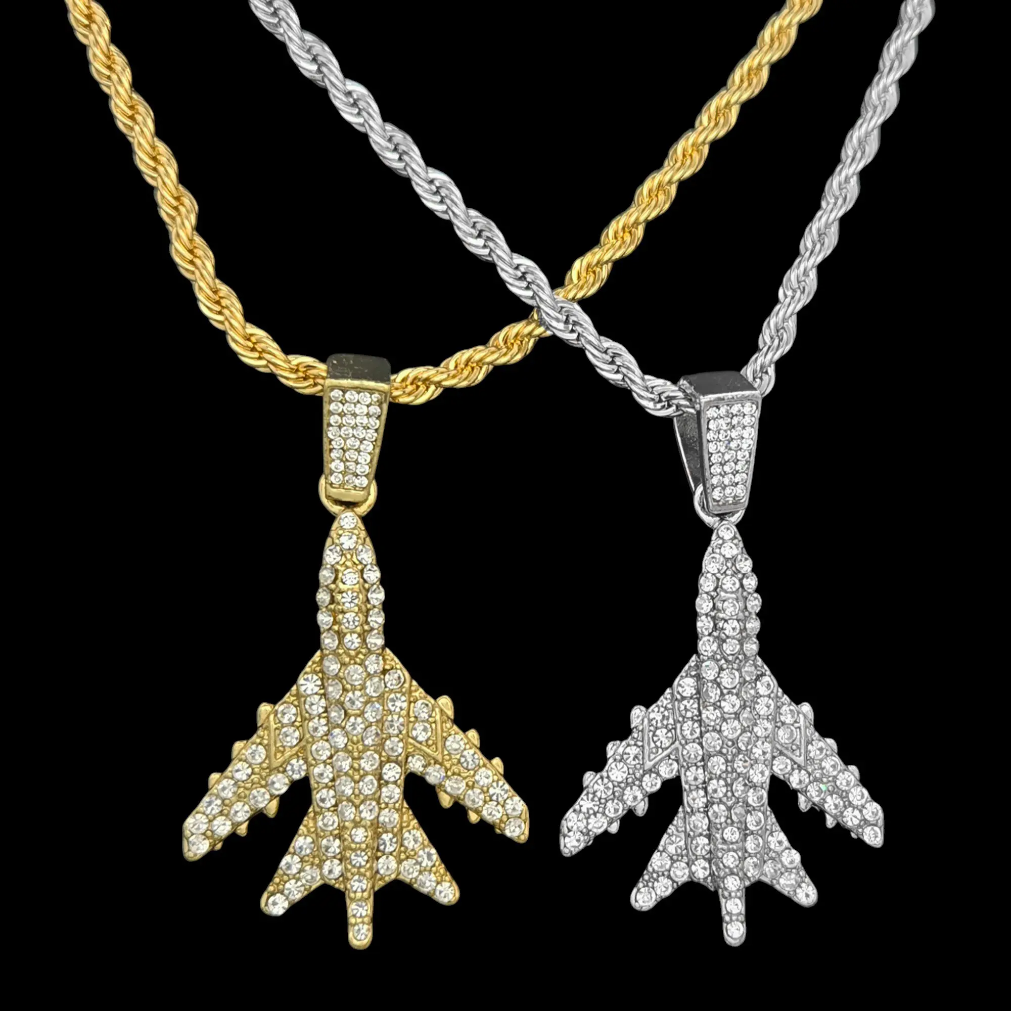Men's Jet Fighter Gold / Silver Plated Iced CZ Pendant & 4mm 24" Rope Chain Hip Hop Necklace Jewelry