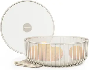 Metal Fruit Bowl with Mesh Lid and Basket - Fruit and Vegetable Holder for Kitchen Counter - Versatile and Durable Storage Basket Organizer for Fruit, Veggie, Snacks - 11x11x4-Inch (Warm Gray)