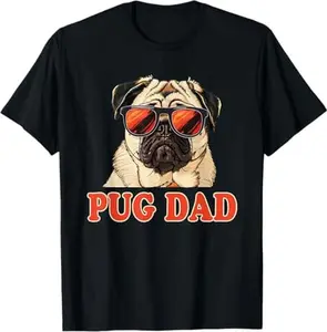 Pug Dad Unisex-Adults Black Cartoon T-Shirt Man Cute Pug Design Fitted Short Sleeve Crew Neck Casual Summer Wear Menswear Top