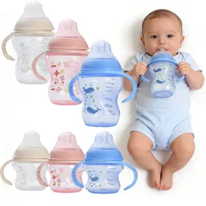 260ML/150ML Baby Bottles with Character Prints, Easy to Clean with Double Handle, Blue Colors, Perfect for Feeding